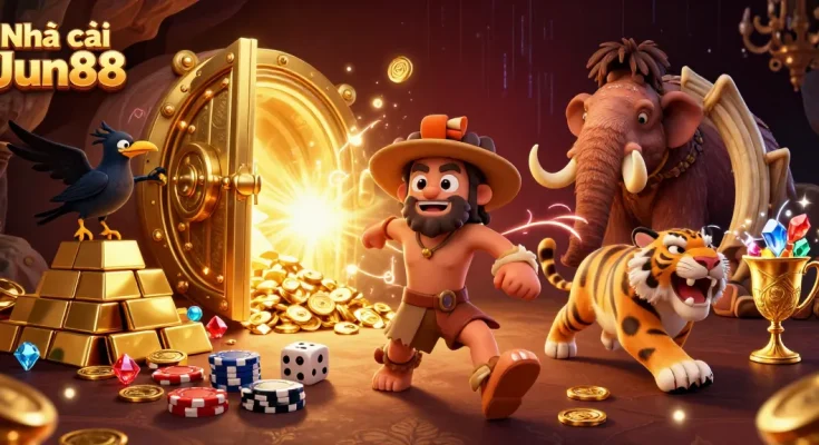 Experience thrill at Nhà cái Jun88 with a vibrant 3D illustration of a lively casino setting.