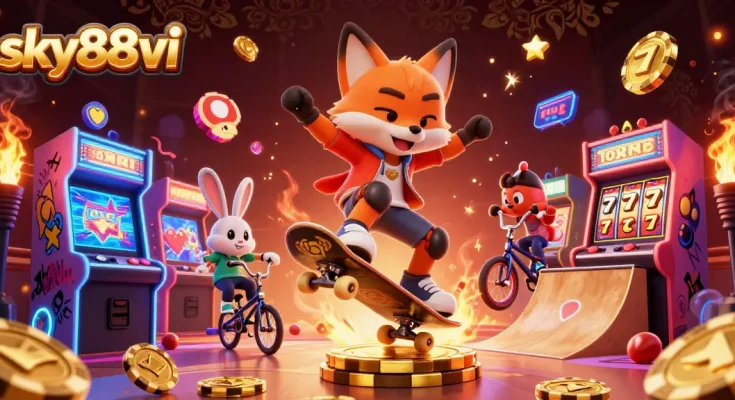 Experience the excitement of sky88vi with vibrant casino action featuring a skateboard fox and BMX rabbit.