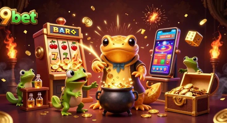 Engage in thrilling casino magic with 9bet's enchanting alchemist scene featuring gold coins and treasures.