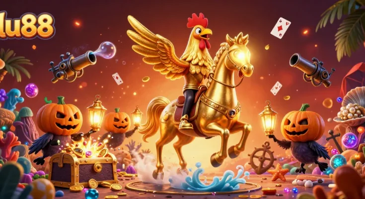 Experience the thrill of lu88 casino with a golden rooster, treasure bursts, and vibrant game elements.