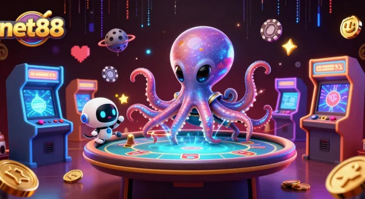 Join the 3D alien octopus at net88 for an exciting poker game with floating chips!