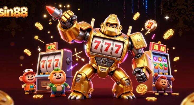 Experience the thrill of sin88 with a golden mech gorilla and vibrant casino elements.