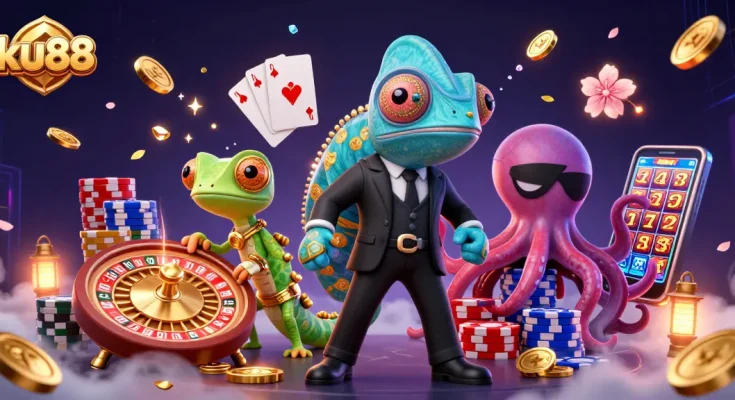 ku88 illustration depicting a chameleon secret agent, colorful coins, and rich casino elements.