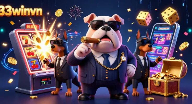 Engage with the 33winvn animated world featuring a bulldog mafia boss and jackpot slot excitement.