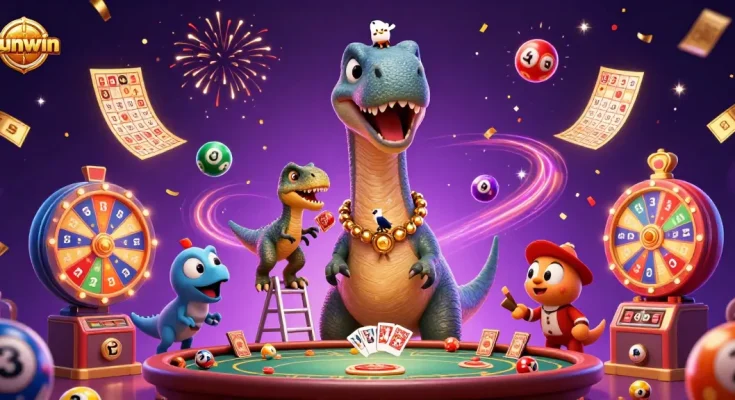 Sunwin brings excitement with a playful dinosaur-themed casino game illustration, featuring vibrant lottery elements.