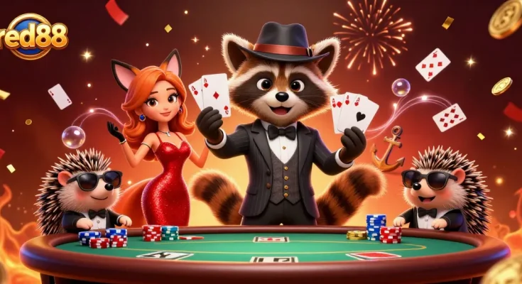 Experience thrilling poker action with red88 featuring charming characters and casino elements.