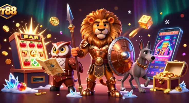 Experience the excitement of rr88 with a vibrant 3D casino scene featuring jackpot celebrations and characters.