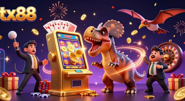 Engage with tx88 as the pachycephalosaurus wins coins from a golden slot machine amidst casino chaos.