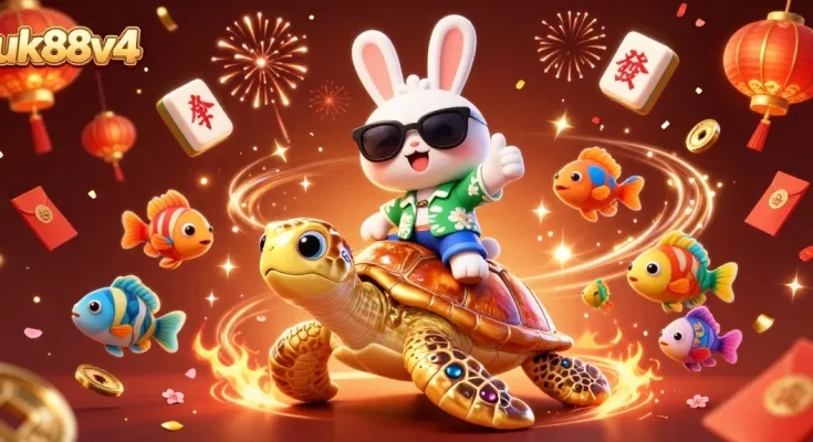 Experience the thrill of uk88v4 gaming with vibrant casino illustration featuring a lucky rabbit.