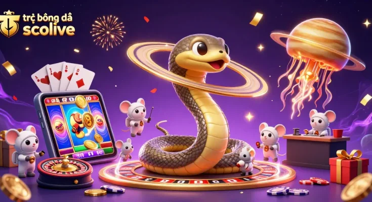 Experience the excitement of trực tiếp bóng đá socolive with a vibrant illustration of a cosmic casino scene.