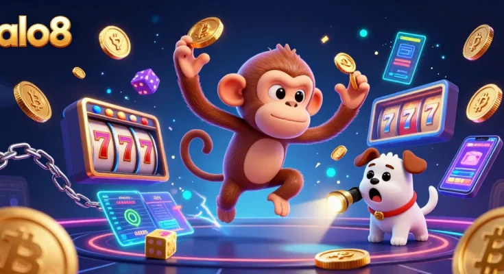 Experience the excitement of alo8 with a lively scene featuring a clever poltergeist monkey and a curious puppy in a vibrant casino.