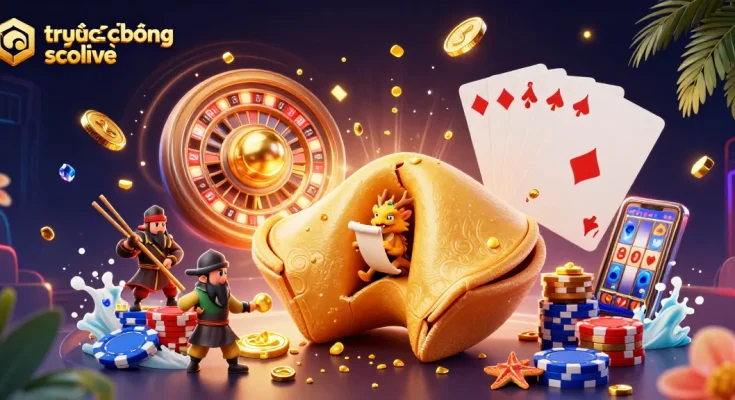 Experience trực tiếp bóng đá socolive with dynamic, vibrant casino elements surrounding a fortune cookie theme.