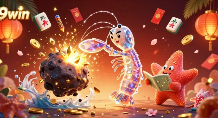 9win gaming fantasy scene showcasing a samurai mantis shrimp and starfish amidst vibrant gambling elements.
