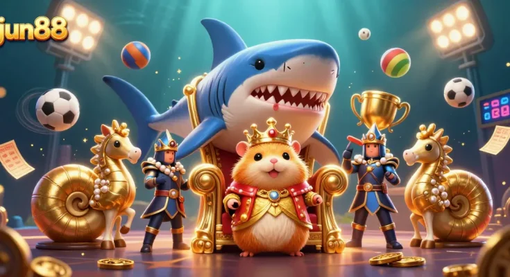 Experience thrilling gameplay at jun88 with dynamic sports elements and royal characters in a vibrant underwater setting.