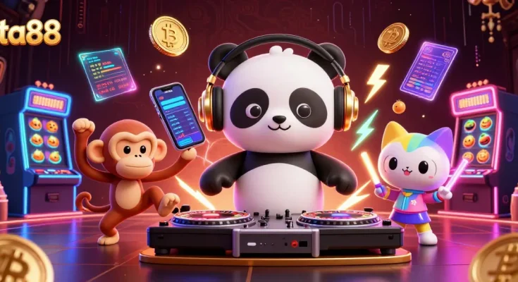 Spin to win with ta88 in a vibrant 3D crypto casino illustration featuring engaging characters.