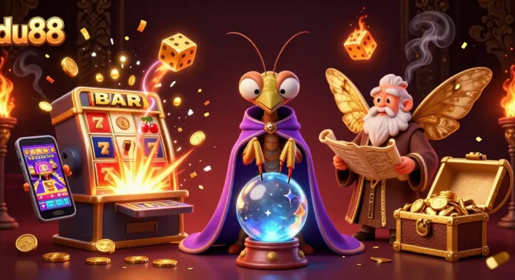Engage with du88's vibrant 3D illustration featuring a fortune teller, librarian, and magical casino elements.