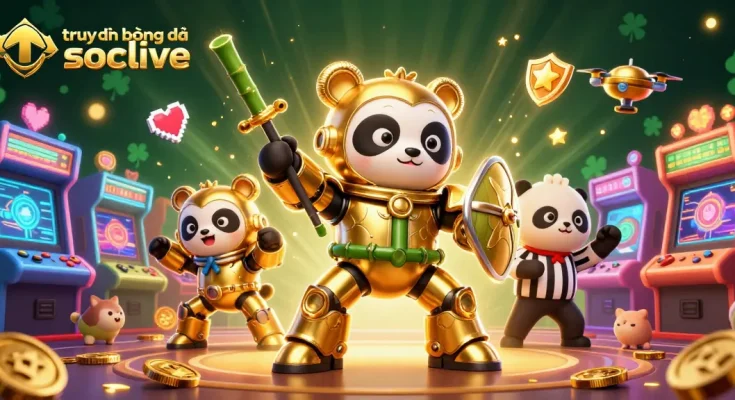 Engage with trực tiếp bóng đá socolive in a vibrant online sports betting scene, featuring dynamic characters and casino elements.