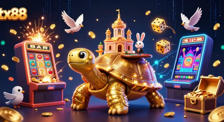 Experience thrilling wins with tx88's vibrant casino-themed 3D illustration featuring iconic characters.