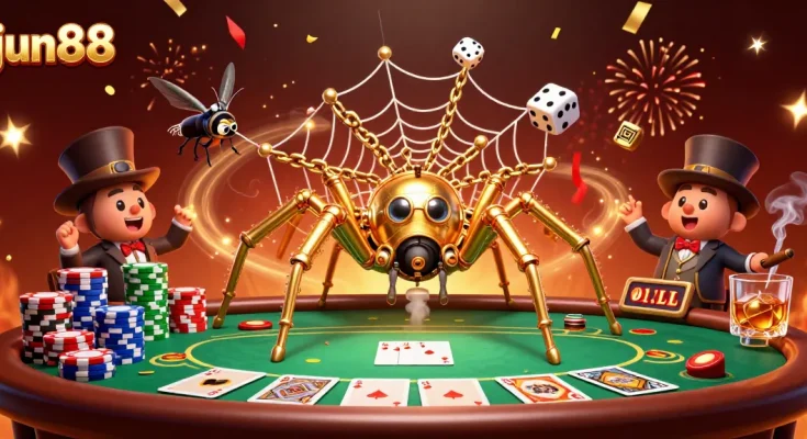 Engage in thrilling gameplay with jun88's steampunk spider and poker elements in an enchanting casino scene.